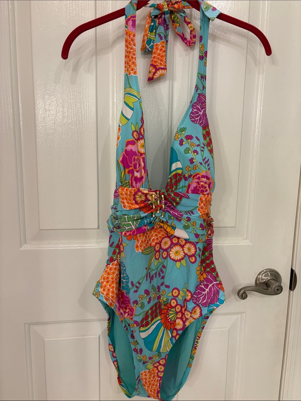 Trina Turk Turquoise Floral Halter One-Piece Swimsuit with Pink & Orange Accents